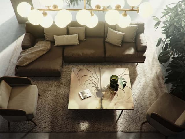 Modish-Sectional-Sofa-with-Left-Facing-Chaise-Low-Heighted-Upholster-Armchairs-with-Wooden-Arms-Coffee-Table-with-an-Illition-of-Contours-on-Top. Swiper Content 0