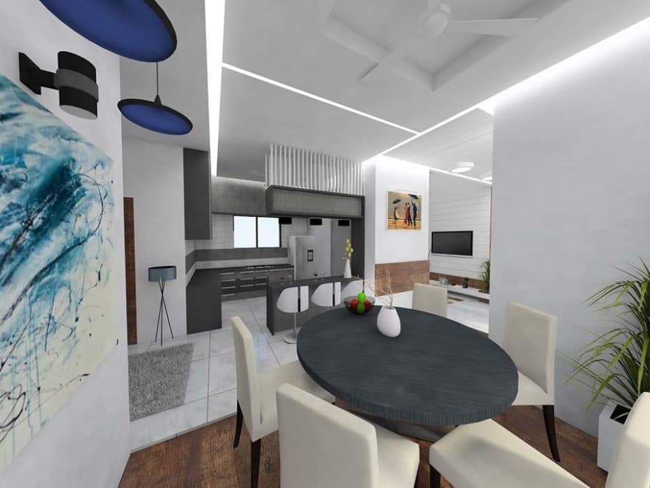 Open-Concept-Dining-Room-Kitchen-comprises-of-6-Seater-Circular-Dining-Table-with-Upholstered-Wooden-Dining-Chairs-Planters-Wooden-Flooring Open Concept Dining Room & Kitchen comprises