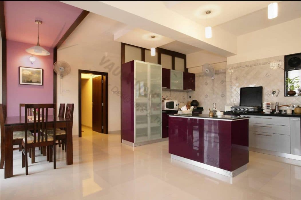 Open-Concept-Kitchen-Dining-Room-comprises-Kitchen-Counter-with-Black-Granite-Kitchen-Countertop-White-Purple-Lower-Kitchen-Cabinets-with-Stainless-Steel-Handles. Design Detail Banner 0