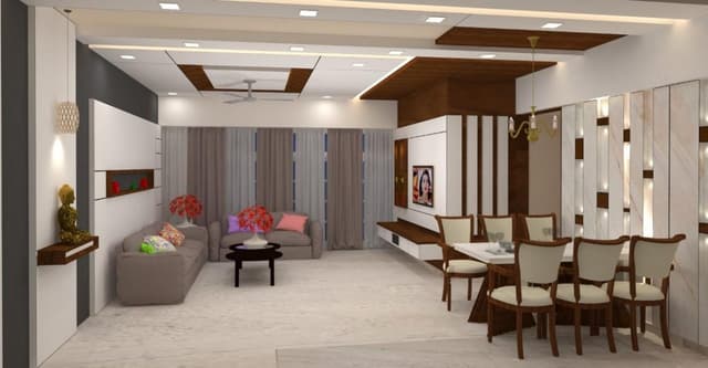 Open-Concept-Living-Dining-Room-comprises-of-Upholstered-Sofa-Set-Center-Table-Rug-Wall-Mounted-Wooden-Cabinet-with-Buddha-Statue-1 Swiper Content 0