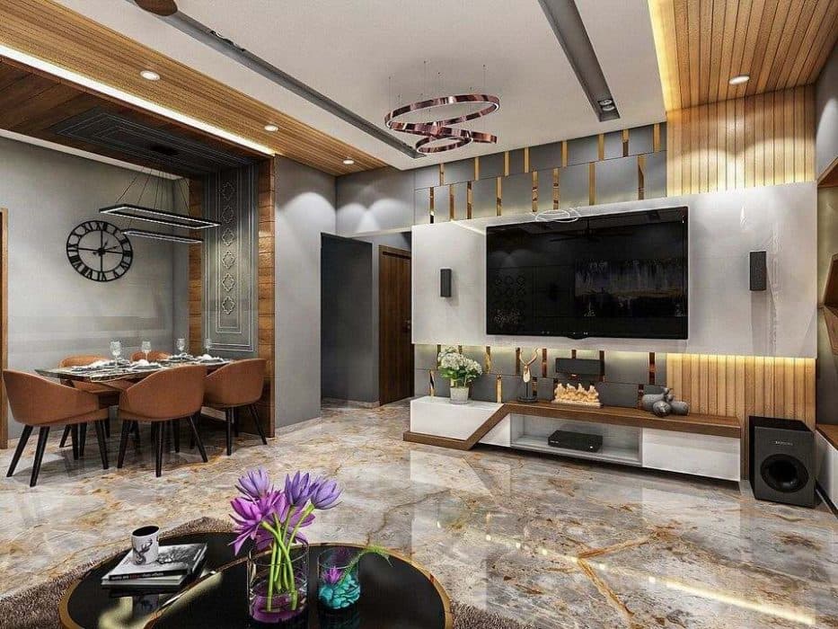 Open-Concept-Living-Dining-Room-with-Highlighting-TV-Unit-Backwall-is-Fully-Wooden-Paneled-Bold-Design-of-Lower-Unit-White-Coloured-Lacquered-Panelling Design Detail Banner 0