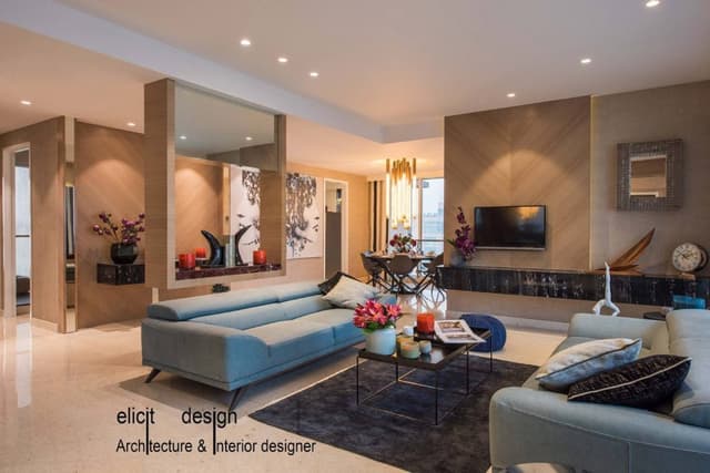 Open-Concept-Luxurious-Living-and-Dining-Room-with-Upholstered-Sofa-with-Adjustable-Headrest-and-Wooden-Legs-Coffee-Table-with-Metal-Frame-Rug-Blue-Pouf-TV-Unit-with-Wooden-Wall-Panelling. Open Concept Luxurious Living and Dining Room with Upholstered Sofa