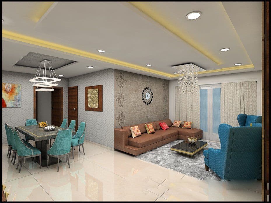 Open-Concept-of-Living-Dining-with-Sections-Sofa-Low-Platform-Style-Coffee-Table-Two-High-Wingback-Chairs-of-Royal-Blue-Colour-Wallpaper-on-Walls Design Detail Banner 0