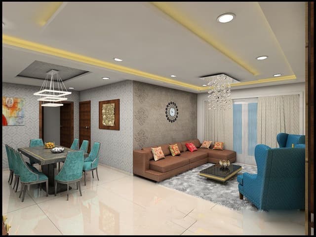 Open-Concept-of-Living-Dining-with-Sections-Sofa-Low-Platform-Style-Coffee-Table-Two-High-Wingback-Chairs-of-Royal-Blue-Colour-Wallpaper-on-Walls Swiper Content 0