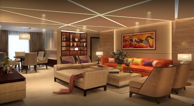 Open-Concept-of-Living-Dining-with-Traditional-Chesterfield-Sofa-Modern-Round-Back-Sofa-Chair-with-Purple-Cushions-Multilevel-Coffee-Table-Upholstered-Backless-Bench-with-Bolster-Cushions. Swiper Content 0