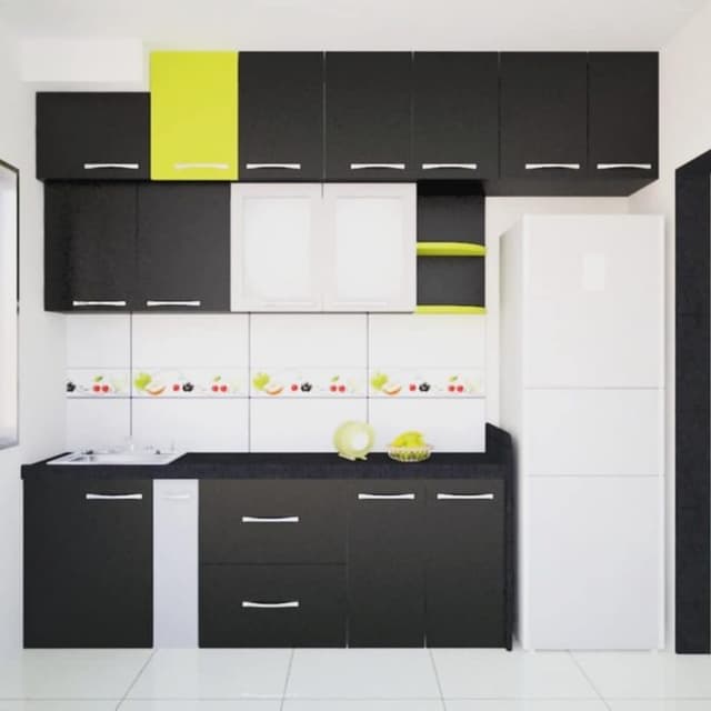 Parallel-Kitchen-with-Black-Granite-Countertop-Black-White-Lower-Upper-Kitchen-Cabinets-highlighted-with-Yellow-Neon-Green-Cabinet-2 Swiper Content 1