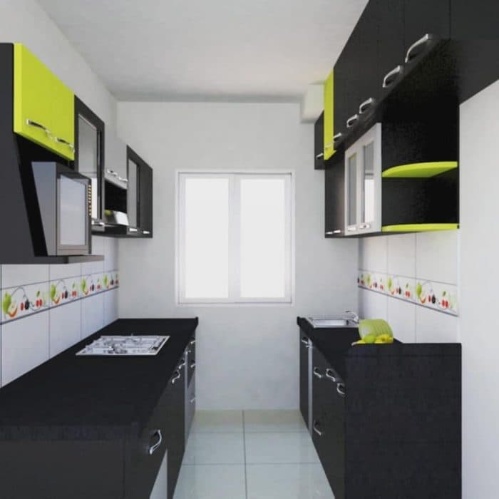 Parallel-Kitchen-with-Black-Granite-Countertop-Black-White-Lower-Upper-Kitchen-Cabinets-highlighted-with-Yellow-Neon-Green-Cabinet Design Detail Banner 0