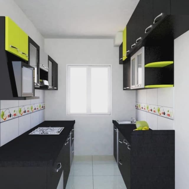 Parallel-Kitchen-with-Black-Granite-Countertop-Black-White-Lower-Upper-Kitchen-Cabinets-highlighted-with-Yellow-Neon-Green-Cabinet Swiper Content 0