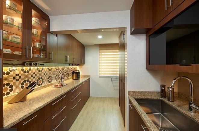 Parallel-Kitchen-with-Granite-Countertop-Lower-Kitchen-Cabinets-with-Stainless-Steel-Handles-Ceiling-Fitted-Upper-Kitchen-Cabinets-with-Wooden-Glass-Door Design Detail Banner 0