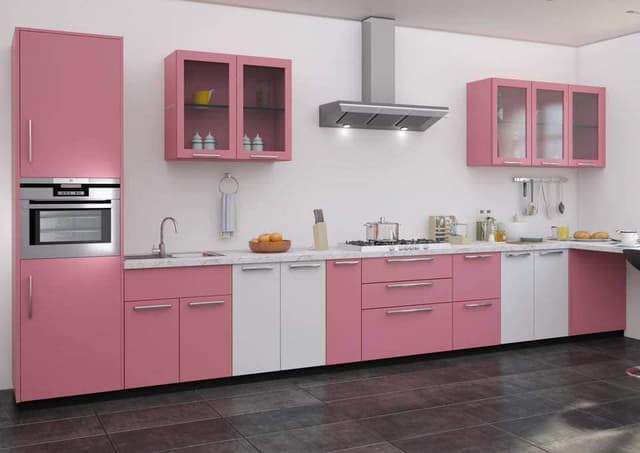 Pink-and-Whited-Coloured-Single-Wall-Kitchen-with-Built-in-Stove-with-Chimney-having-Spot-Lights. Swiper Content 0