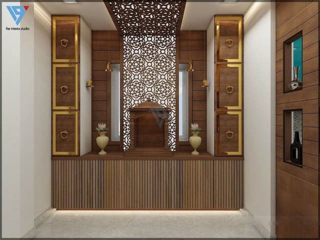 Pooja-Room-with-Unit-having-raised-Platform-for-placing-Wooden-Temple-in-the-Center-Acrylic-Panels-behind-the-Temple-with-Indirect-Light Pooja Room with Unit having raised Platform
