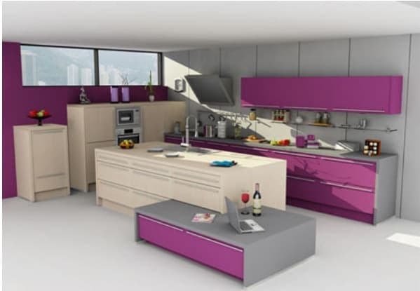Purple-Cream-Coloured-Glossy-Finish-Modular-Kitchen-with-Upper-Lower-Cabinets-Glass-Shelf-Induction-Hob-with-Slant-Modular-Chimney-Stool-Kitchen-Island-in-center-with-Single-Bowl-SS-Sink. Swiper Content 0