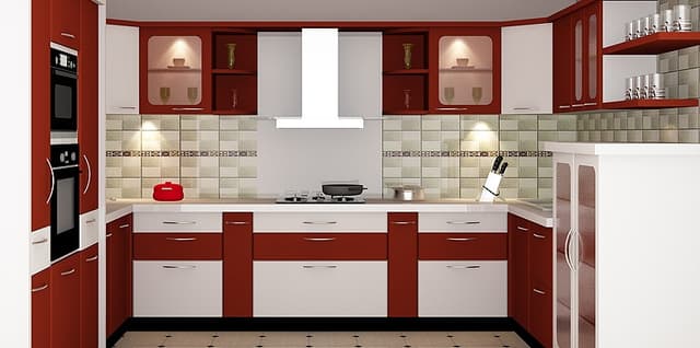 Red-White-Themed-U-Shaped-Kitchen-accommodating-Built-in-Stove-over-the-Chimney-Upper-Cabinets-with-Under-Cabinet-Lighting Swiper Content 0
