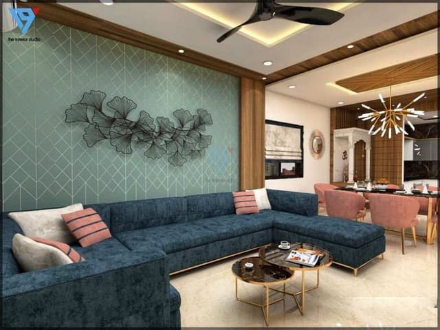 Royal-Blue-Padded-Bumper-Chaise-Sectional-Sofa-with-Right-Facing-Chaise-Wooden-Legs-is-making-the-Space-Contemporary. Swiper Content 0