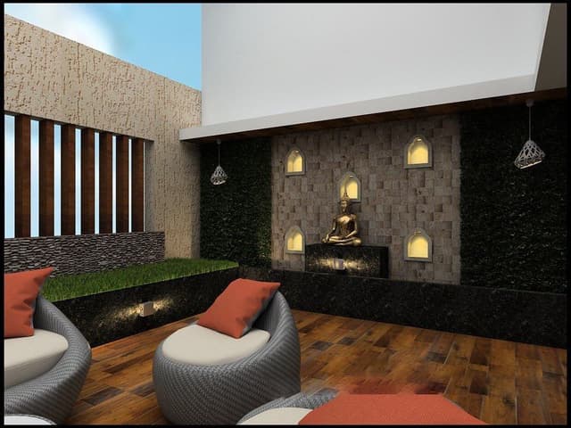 Semi-Open-Terrace-Seating-Area-with-group-of-Grey-Round-Chairs-with-Cushioned-Seatings-on-Wooden-Flooring-Raised-Black-Granite-Platform-for-Lawn-Plantation-highlighted-with-Wall-Light Swiper Content 0