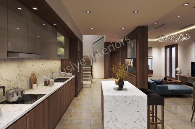Single-Wall-Kitchen-highlighted-with-Spot-Lights-incorporates-Italian-Marble-Countertop-Built-in-Stove-Built-in-Induction-Hob-Built-in-Chimney-Wooden-Finish-Lower-Kitchen-Cabinets Swiper Content 0