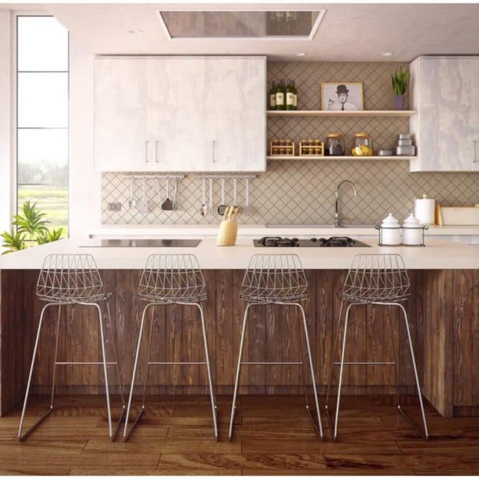 Single-Wall-Kitchen-with-Parallel-Kitchen-Island-Counter-incorporates-White-Italian-Marble-Countertop-Built-in-Stove-Built-in-Induction-Hob-Metal-Mesh-Counter-Height-Bar-Stool Design Detail Banner 0