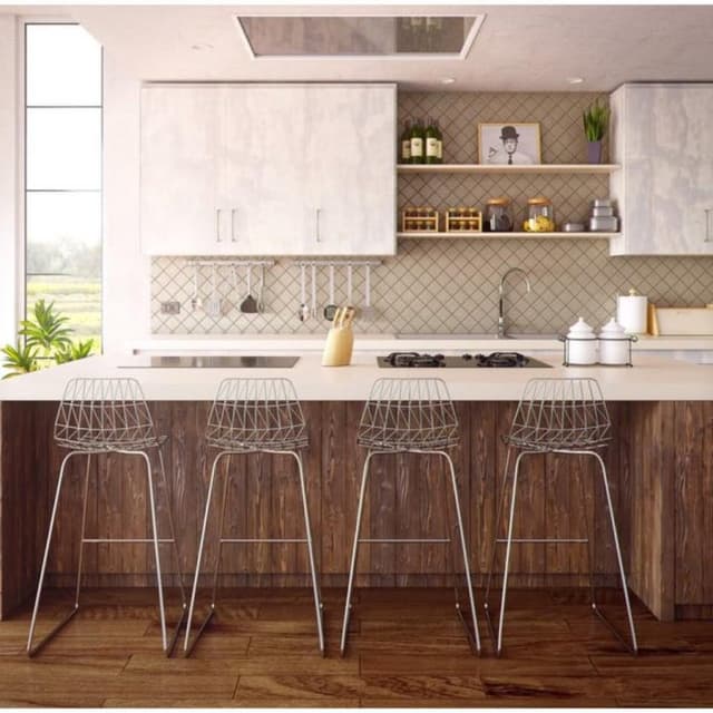 Single-Wall-Kitchen-with-Parallel-Kitchen-Island-Counter-incorporates-White-Italian-Marble-Countertop-Built-in-Stove-Built-in-Induction-Hob-Metal-Mesh-Counter-Height-Bar-Stool Swiper Content 0