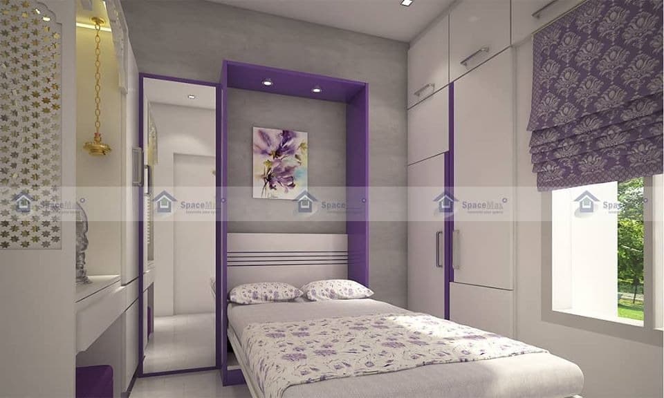 Small-Bedroom-in-White-Purple-Theme. Design Detail Banner 0