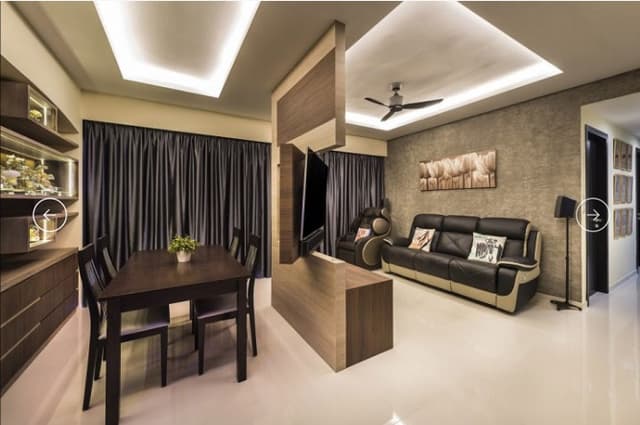 Small-Living-Room-incorporating-3-Seater-Leather-Upholstered-Sofa-Textured-Sofa-Back-Wall-with-Wall-Painting-Floor-Lamp-Recliner-Sofa-in-the-Corner-Wooden-TV-Unit. Swiper Content 0