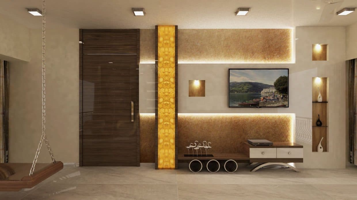 TV-Unit-Textured-Wall-with-Solid-White-Corian-Cladding-highlighted-with-Cove-Lights-has-Niche-having-glass-Shelf-for-placing-Decor-Elements Design Detail Banner 0