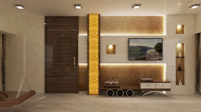 TV-Unit-Textured-Wall-with-Solid-White-Corian-Cladding-highlighted-with-Cove-Lights-has-Niche-having-glass-Shelf-for-placing-Decor-Elements Swiper Content 0