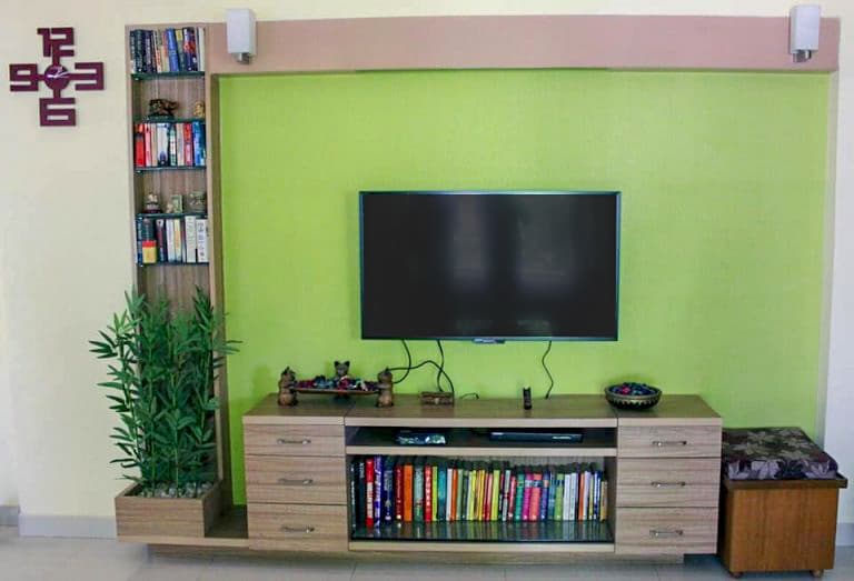 TV-Unit-Wall-highlighted-with-Green-Shaded-Wall-Paint-incorporates-Wooden-Panelling-with-Decorative-Wall-Light TV-Unit-Wall-highlighted-with-Green-Shaded-Wall-Paint-incorporates-Wooden-Panelling-with-Decorative-Wall-Light