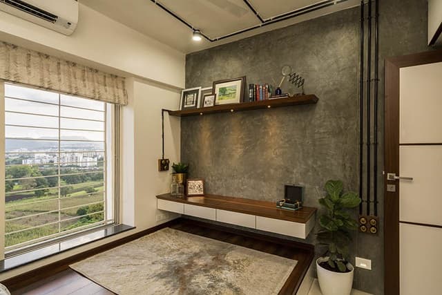 TV-Unit-Wall-highlighted-with-Wallpaper-comprises-of-Linear-Wall-Mounted-Wooden-Cabinet Swiper Content 0