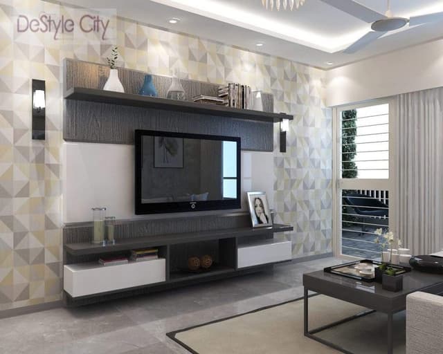 TV-Unit-Wall-highlighted-with-Wallpaper-highlighted-with-Decorative-Wall-Lights-comprises-of-Grey-and-White-Wooden-Panelling-separated-by-Grooves-Wall-Mounted-TV-Cabinet. Swiper Content 0