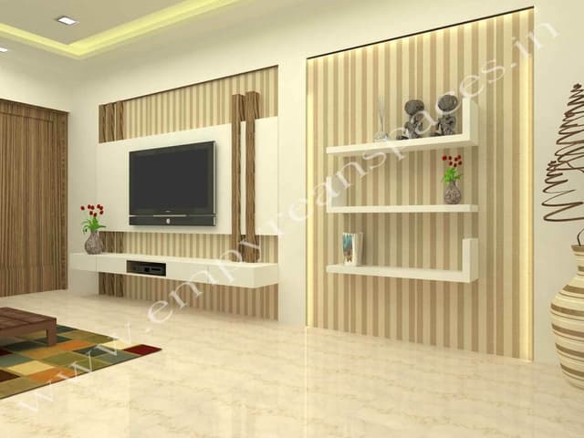 TV-Unit-Wall-with-Niches-highlighted-with-Vertical-Striped-Wallpaper-Wooden-Vertical-Slits-Wall-Mounted-Linear-TV-Cabinet-and-Linear-Shelves-for-placing-Decor-Elements-in-other-niche. Swiper Content 0