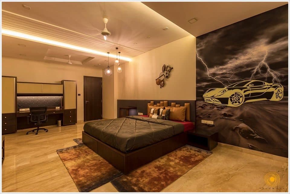 Teen-Male-Bedroom-incorporating-Wooden-Double-Bed-with-Storage-below-Upholstered-Headboard-Wooden-Side-Tables-Ceiling-Fitted-3D-Car-Wallpaper-2 Design Detail Banner 1