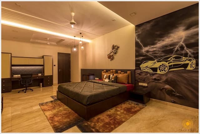 Teen-Male-Bedroom-incorporating-Wooden-Double-Bed-with-Storage-below-Upholstered-Headboard-Wooden-Side-Tables-Ceiling-Fitted-3D-Car-Wallpaper-2 Swiper Content 1