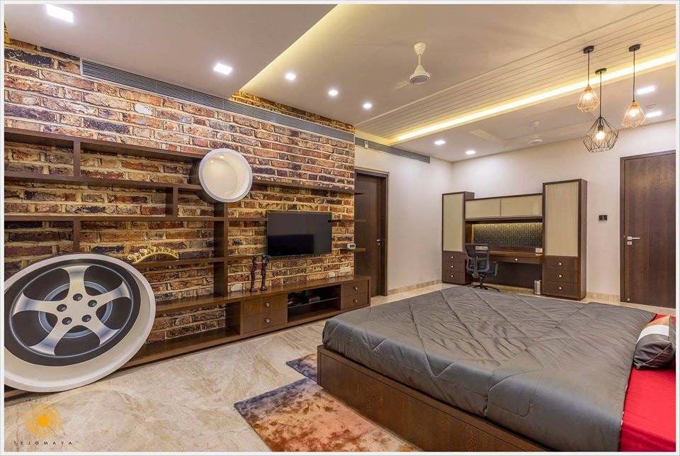 Teen-Male-Bedroom-incorporating-Wooden-Double-Bed-with-Storage-below-Upholstered-Headboard-Wooden-Side-Tables-Ceiling-Fitted-3D-Car-Wallpaper-3 Design Detail Banner 2