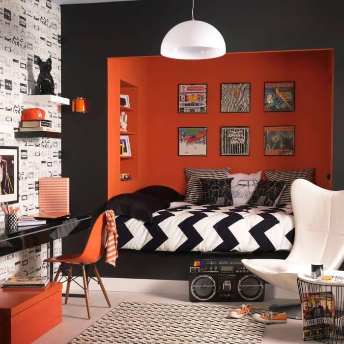 Teenager-Bedroom-in-Orange-Black-Theme-incorporating-Framed-Wall-Arts-Built-in-Wooden-Single-Bed-with-Framed-Wall-Arts-on-one-Wall-Shleves- Design Detail Banner 0