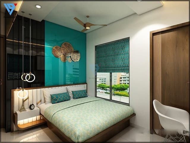 The-Bed-is-Place-in-the-Corner-of-the-Bedroom-with-a-Side-Table-on-One-Side. Swiper Content 0