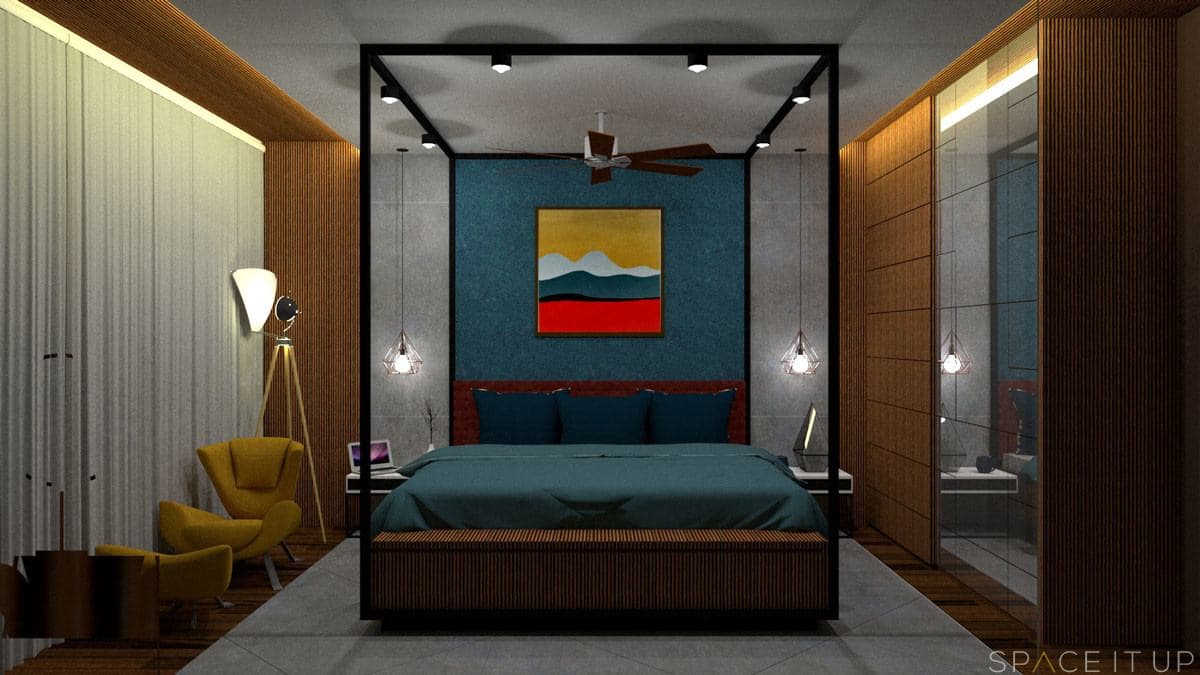 The-Contemporary-Bedroom-has-a-Vertical-Groove-Patterns-is-Running-in-the-Whole-Space. Contemporary Bedroom