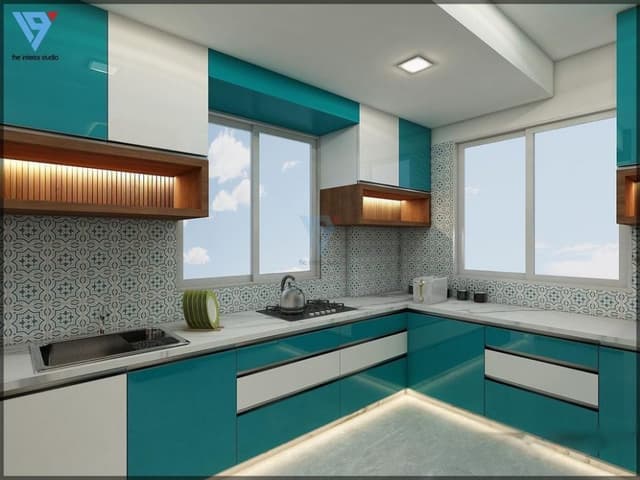 The-L-Shape-Kitchen-Counter-Consists-5-Burner-Built-In-Gas-Stove-Single-Bowl-Sink-Grey-Double-Door-Refrigerator. Swiper Content 0