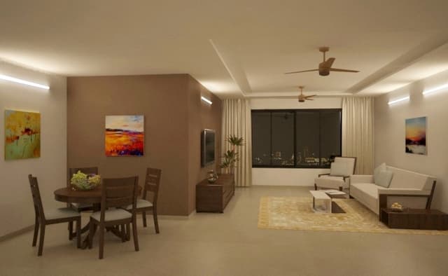 The-Minimalistic-Living-Room-has-a-Brown-White-Combination-with-Wooden-Framed-White-Upholstered-Sofa. Swiper Content 0