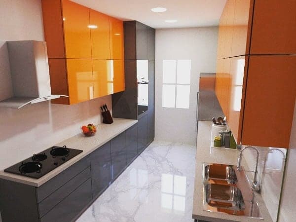 The-Parallel-Kitchen-in-Orange-Grey-Theme-is-giving-a-Modern-Touch-to-the-Kitchen.-2 Swiper Content 1