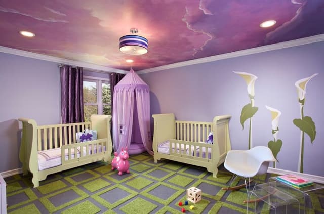 The-Purple-Theme-Kids-Bedroom-with-Painting-of-Sky-in-the-Ceiling-Flower-on-Wall-is-Artistically-Connecting-with-the-Nature. Swiper Content 0