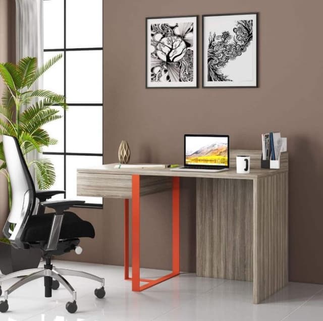 The-Study-Table-consists-Single-Drawer-with-Dark-Orange-Metal-Leg-on-One-Side-Plywood-Support-on-the-Other-Side. Swiper Content 0