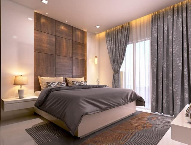 This-Bedroom-having-Combination-of-Grey-Beige-Colour-with-a-Wooden-Finish.-The-wardrobe-consists-of-Grey-Laminate-with-Wooden-Finish-Band-with-Circular-Grey-handles.-1 Floating Nightstand