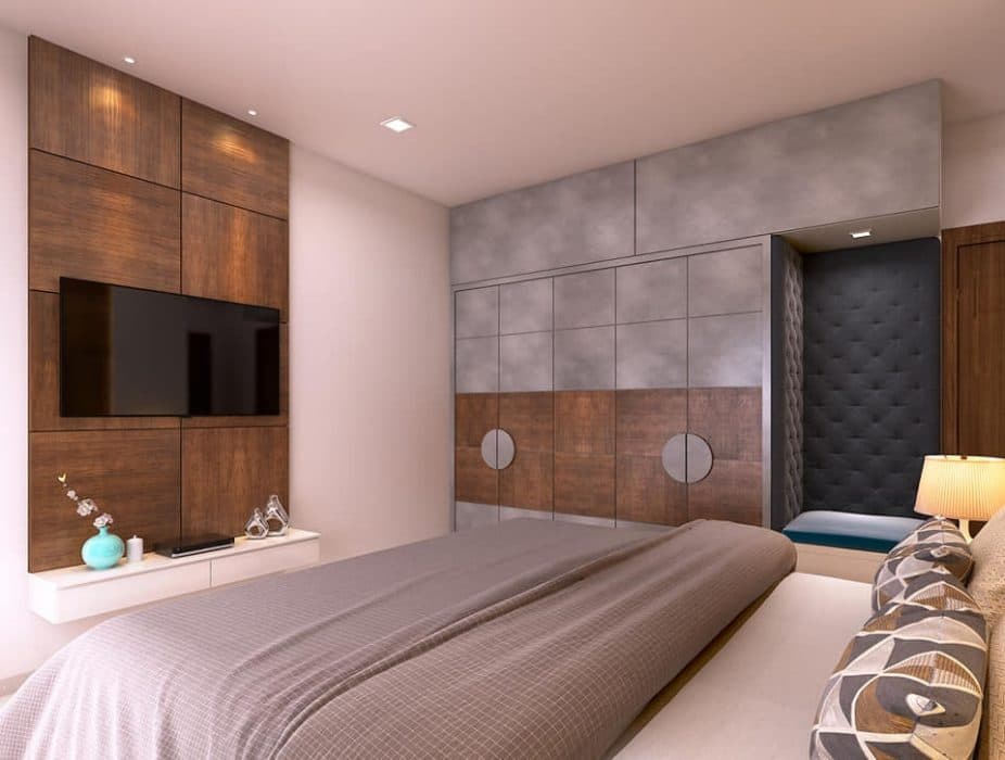 This-Bedroom-having-Combination-of-Grey-Beige-Colour-with-a-Wooden-Finish.-The-wardrobe-consists-of-Grey-Laminate-with-Wooden-Finish-Band-with-Circular-Grey-handles.-2 This Bedroom having Combination of Grey Beige Colour with a Wooden Finish.