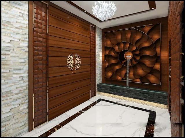 This-Conceptual-3D-image-of-the-Foyer-consists-Wooden-Door-with-Half-a-Circular-Decorative-Door-Handle-Trapezoidal-3D-Wall-Panels-on-both-sides-of-it. Swiper Content 0
