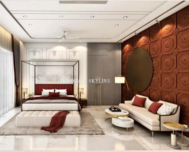 This-Contemporary-Style-Master-Bedroom-having-a-Contemporary-Canopy-Bed-with-Maroon-Cushioned-Backrest-White-Upholstered-Coffee-Couch. Design Detail Banner 0