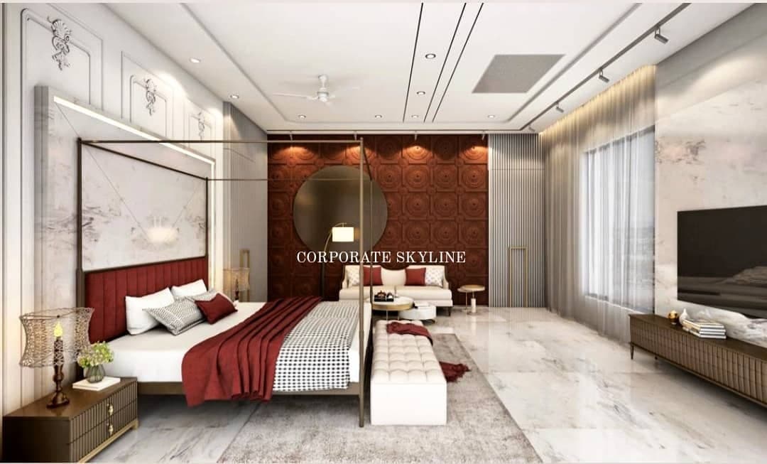 This-Contemporary-Style-Master-Bedroom-having-a-Contemporary-Canopy-Bed-with-Maroon-Cushioned-Backrest-White-Upholstered-Coffee-Couch Design Detail Banner 1