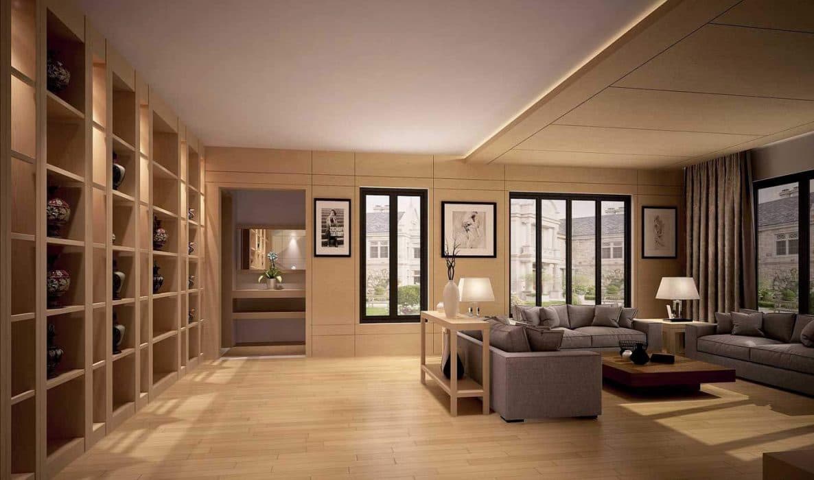 This-Living-Room-has-a-Beige-Colour-Theme-making-a-Beautiful-Combination-with-Grey-Upholster-Cushioned-Sofa.-This-Grid-Pattern-Partition-Displaying-Artifacts-in-this-Space. Design Detail Banner 0