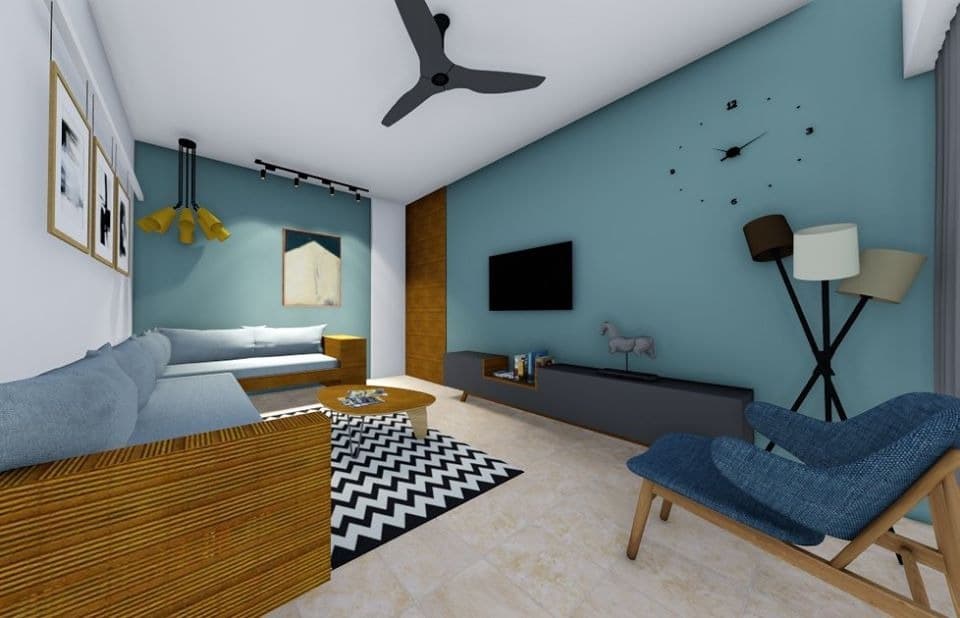 This-Modern-Living-Room-Consists-Wall-Mounted-L-Shaped-Wooden-Sofa-with-White-Upholstery-Blue-Easy-Chair-with-Wooden-Legs.-1 This Modern Living Room Consists Wall Mounted L -Shaped Wooden Sofa