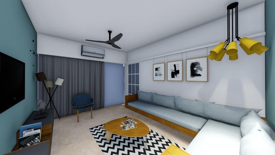 This-Modern-Living-Room-Consists-Wall-Mounted-L-Shaped-Wooden-Sofa-with-White-Upholstery-Blue-Easy-Chair-with-Wooden-Legs.-2 Living Room