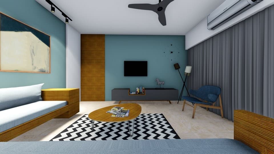 This-Modern-Living-Room-Consists-Wall-Mounted-L-Shaped-Wooden-Sofa-with-White-Upholstery-Blue-Easy-Chair-with-Wooden-Legs.-3 Modern Living Room